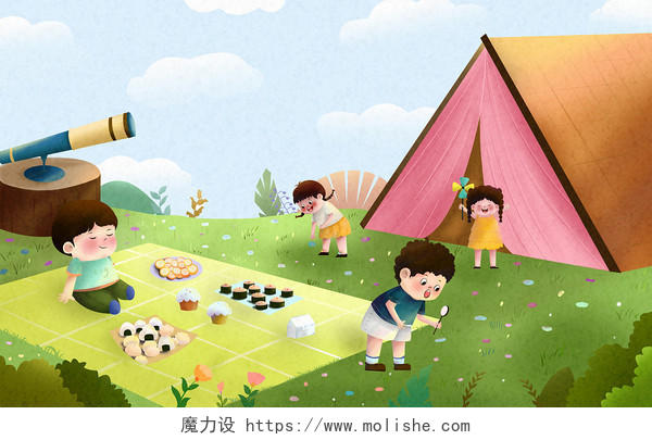 卡通人物夏季夏令营野餐探险夏令营插画